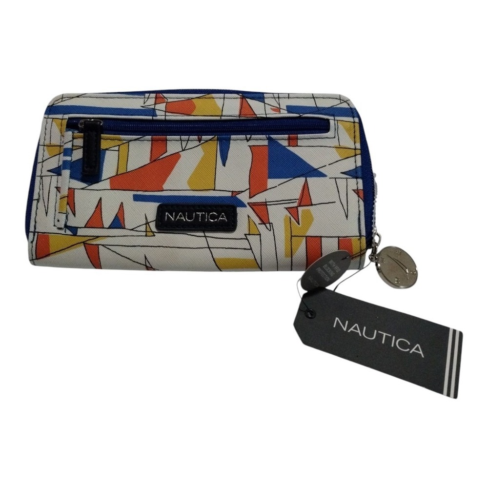 Nautica Zip Around Wallet Geometric Print Colorful Logo I.D Safe RFID Protection